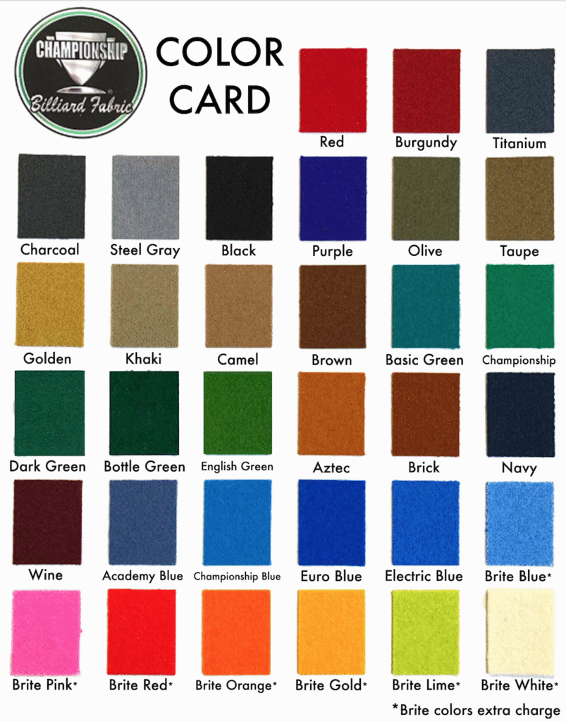 Twin City Pool Table Guy Fabric colors
